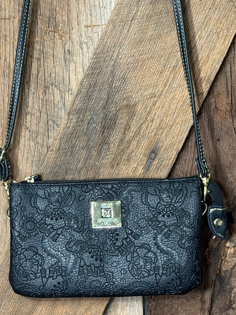 Stone Mountain Black Embossed Elephant Print Crossbody Bag Gold Hardware Zip